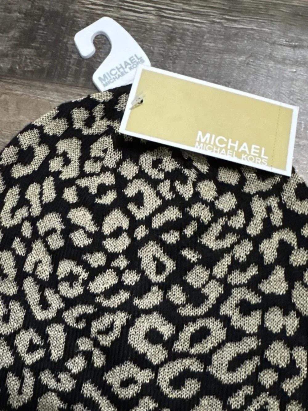 NWT Michael Kors Metallic Leopard Knit Beanie Black Gold Shimmer MSRP $48